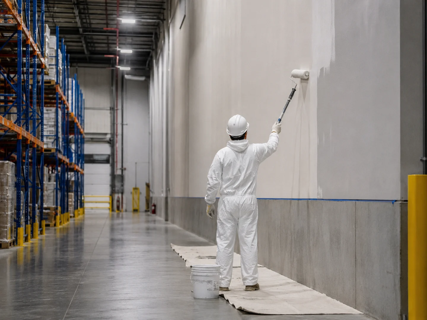 Representative painter coating a tall warehouse wall beside storage racking in Brampton
