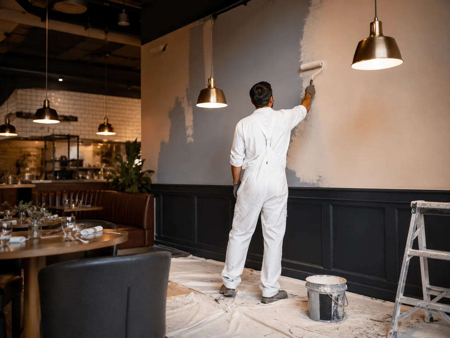 Representative painter refreshing a restaurant interior for a Leslieville commercial space