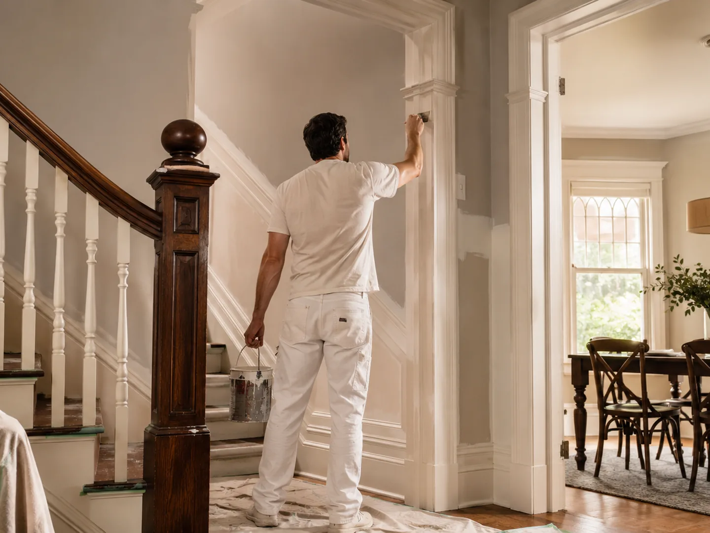 Representative painter refinishing walls and detailed trim beside a traditional staircase in a Rosedale heritage home