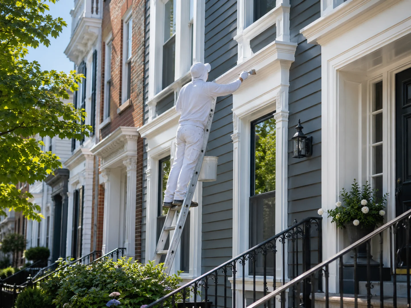 Representative painter touching up decorative exterior trim on a West End Toronto townhouse