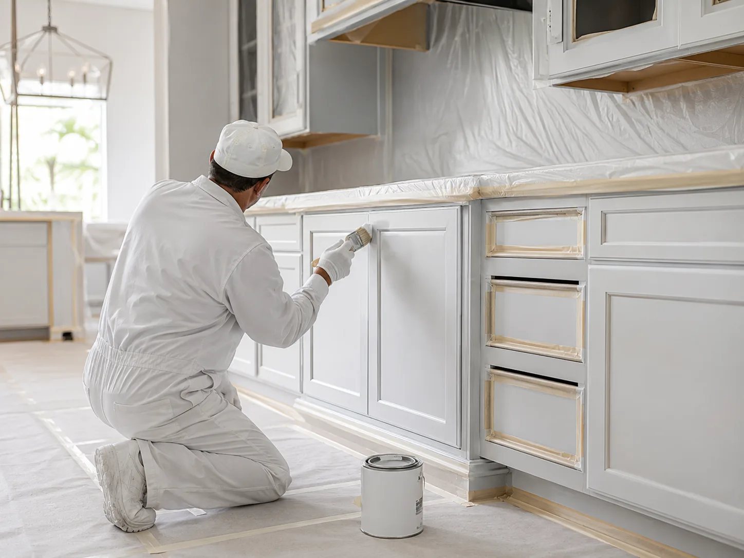 Professional painter refinishing white kitchen cabinets for a cabinet painting project in Toronto