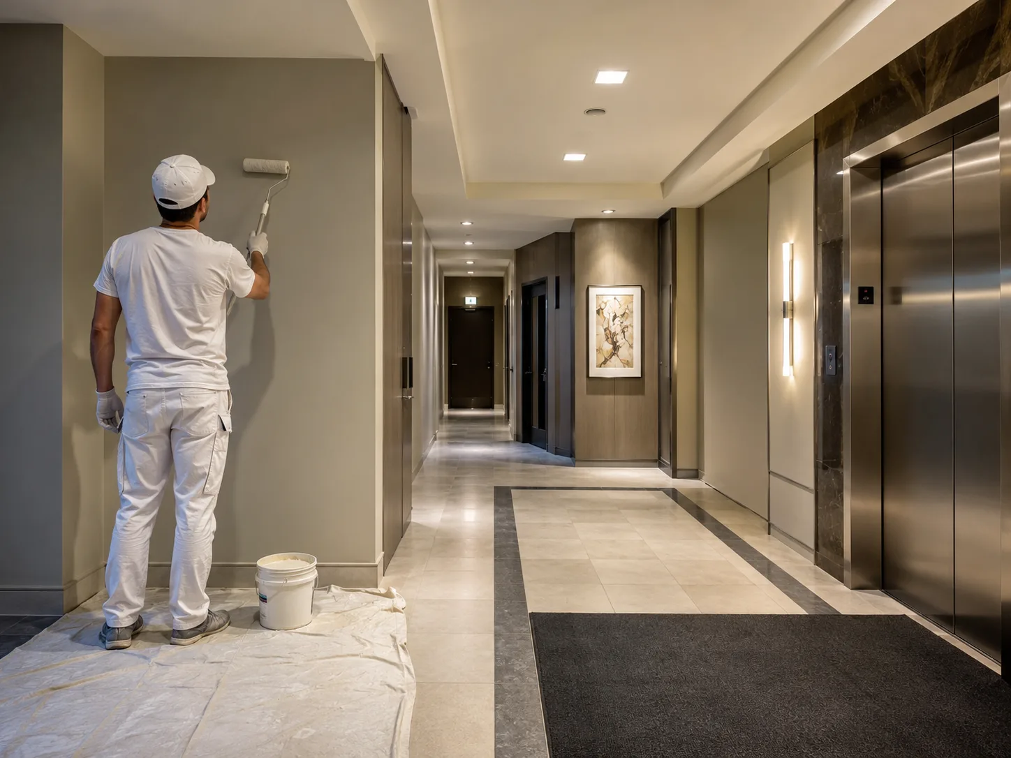 Professional painter in protective white workwear refreshing a modern lobby for a commercial painting project in Toronto