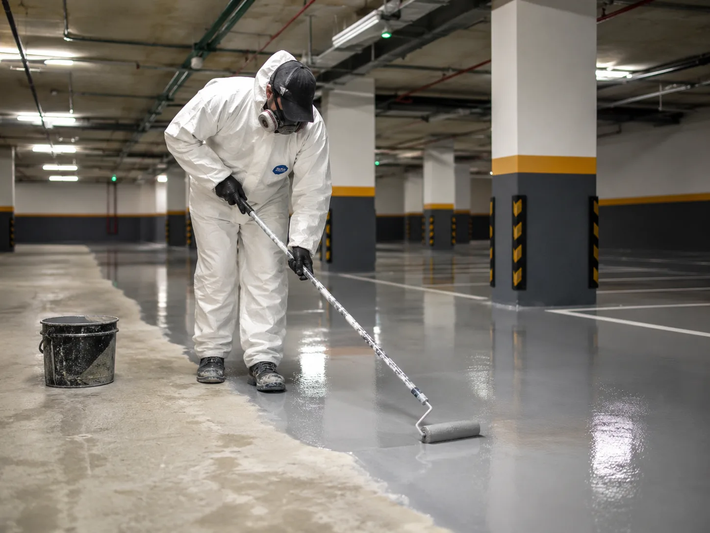 Professional installer applying a glossy floor coating for an epoxy flooring project in Toronto