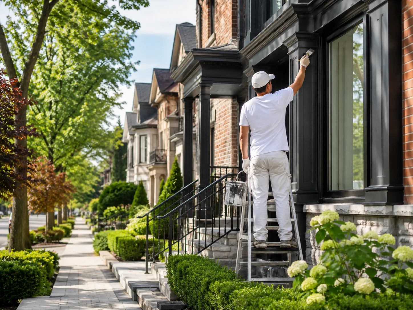 Professional painter refreshing trim on a brick home exterior along a sunny street for an exterior painting project in Toronto