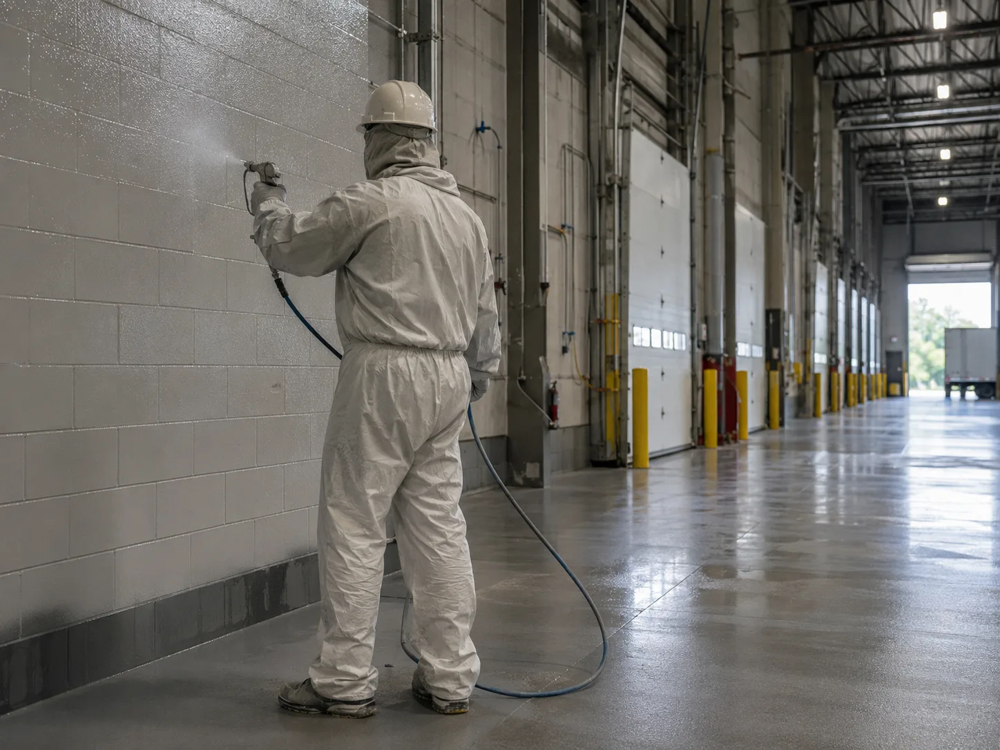 Industrial painter spray coating a loading bay wall inside a warehouse-style facility for an industrial painting project in Toronto