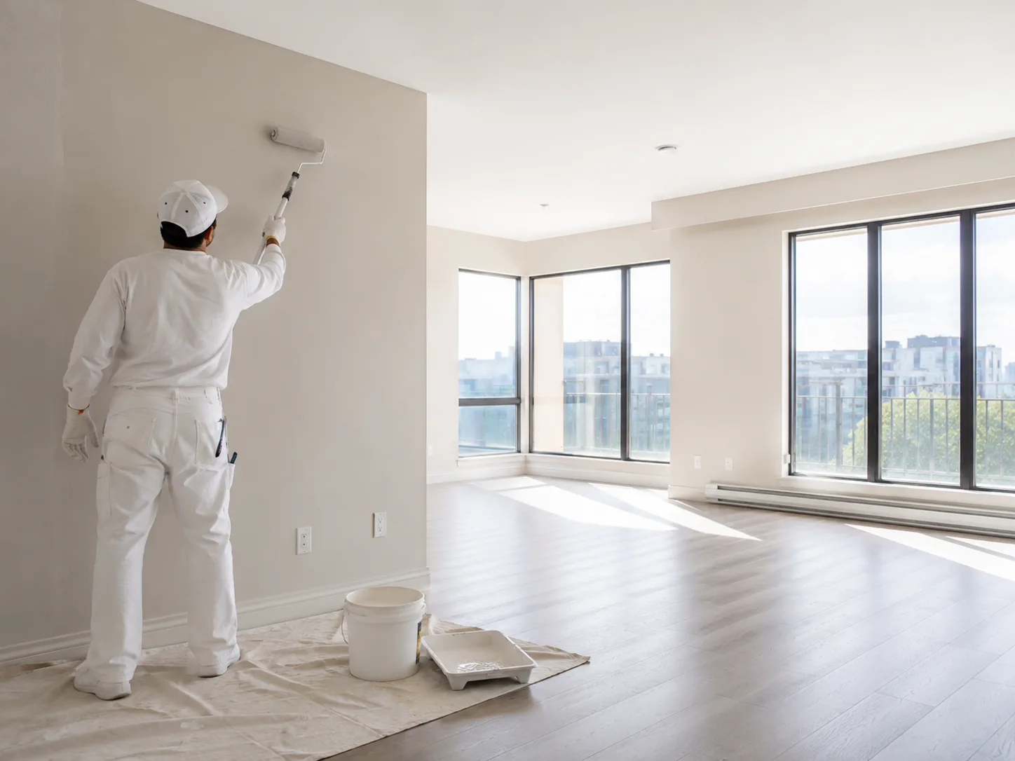 Professional painter refreshing a sunlit interior room for an interior painting project in Toronto