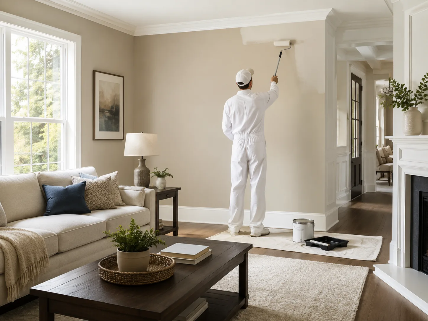 Professional painter in white workwear refreshing a bright living room wall for a residential painting project in Toronto