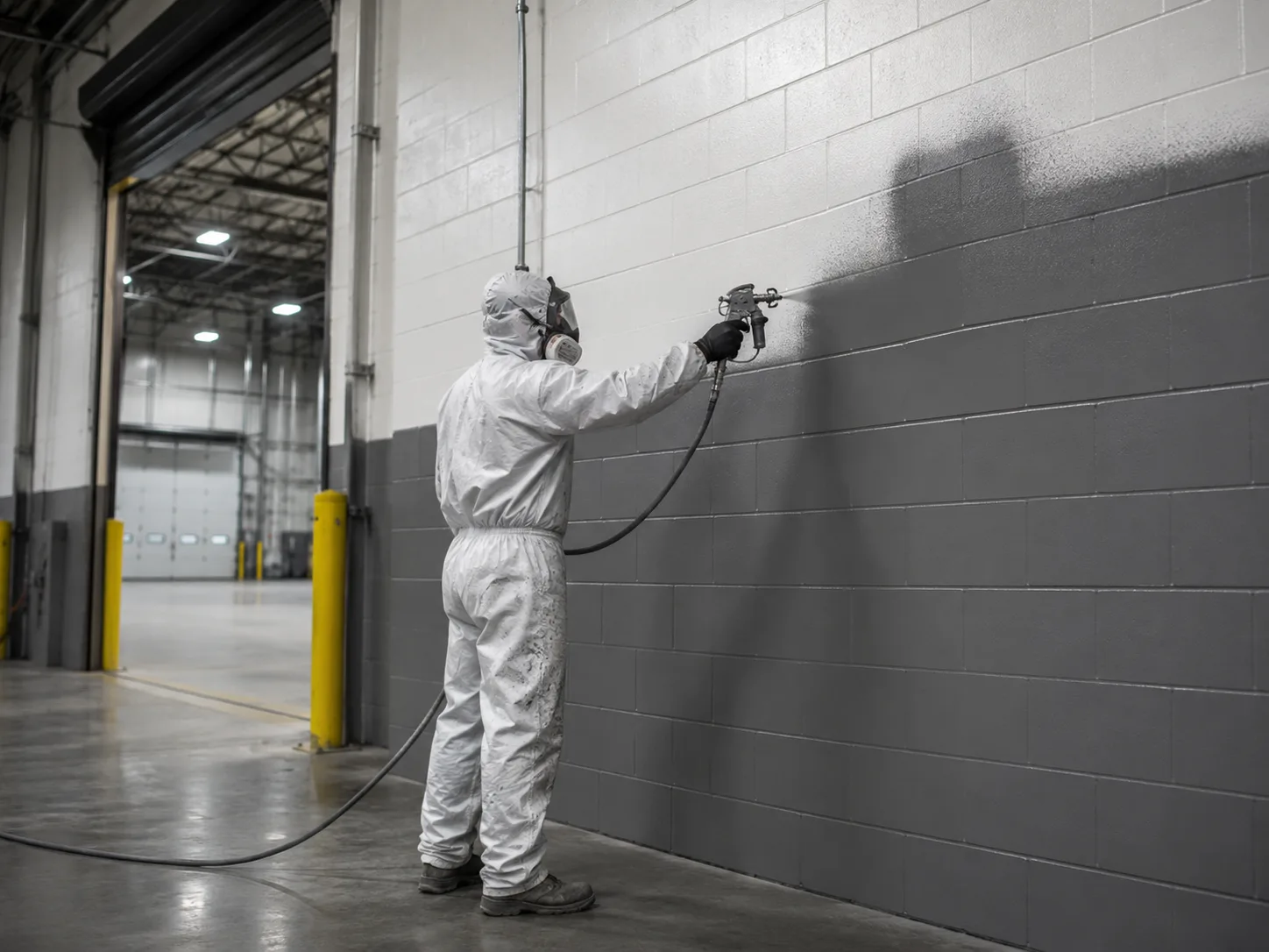 Professional spray painter coating a cinderblock wall for a spray painting project in Toronto