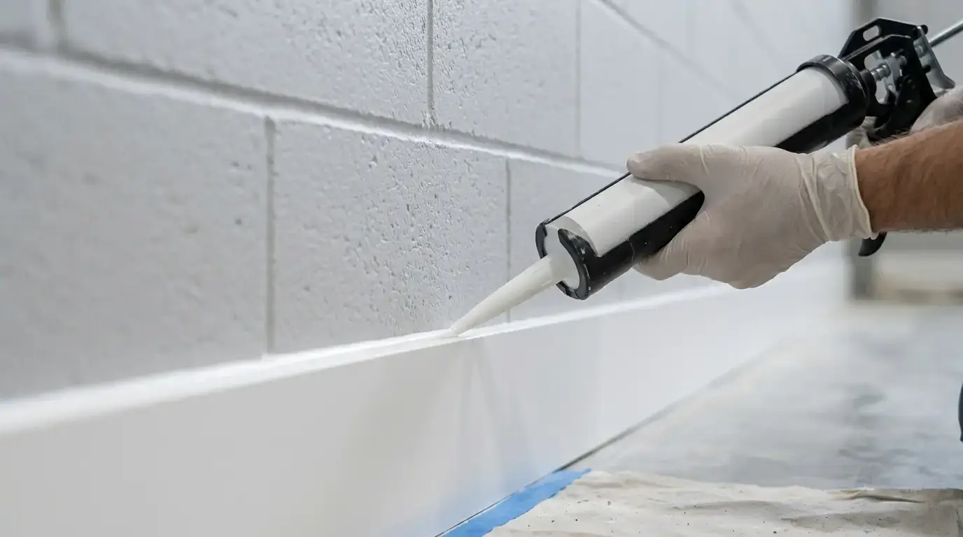 Close-up of caulk being applied along a baseboard and wall junction before painting