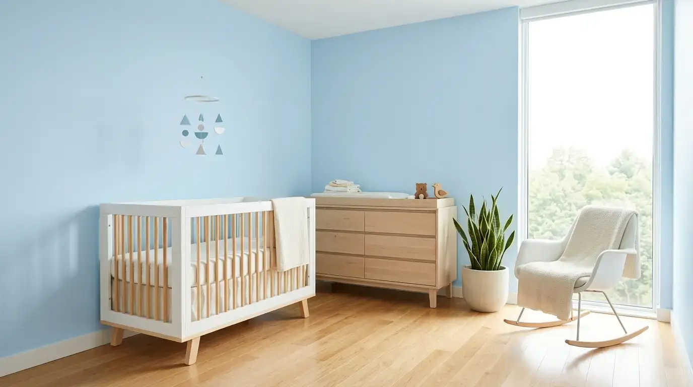 Freshly painted nursery with soft pastel blue walls and natural daylight