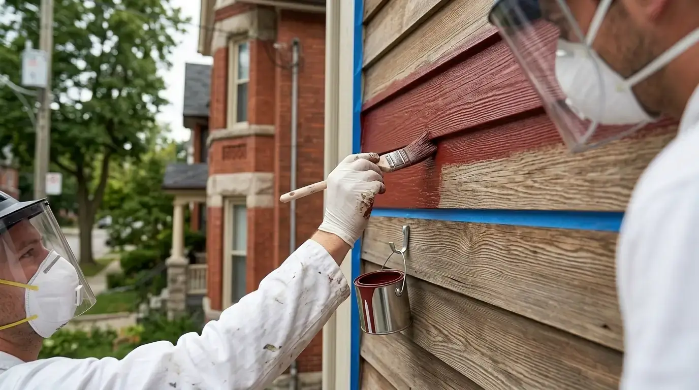 Close-up of old wood clapboard siding being carefully painted on an older Toronto home