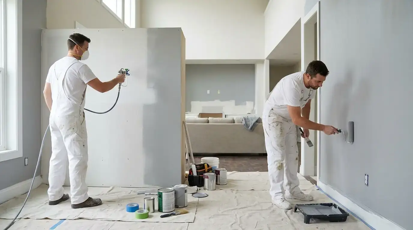 Two painters working side by side with spray gun and roller in a residential interior